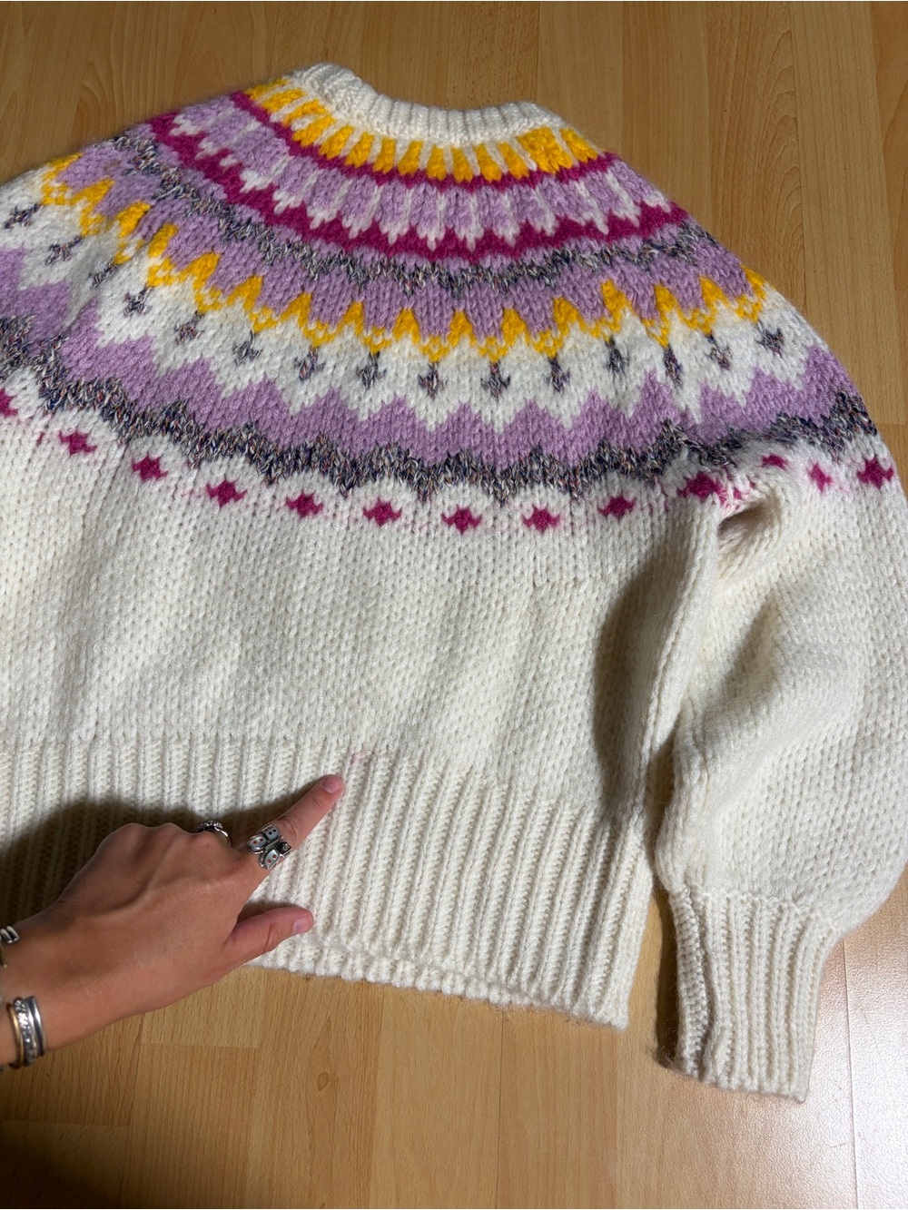 Sezane Constantine Mohair Fair Isle Crewneck Knit Sweater in Ecru Multicolor S - Picture 13 of 13